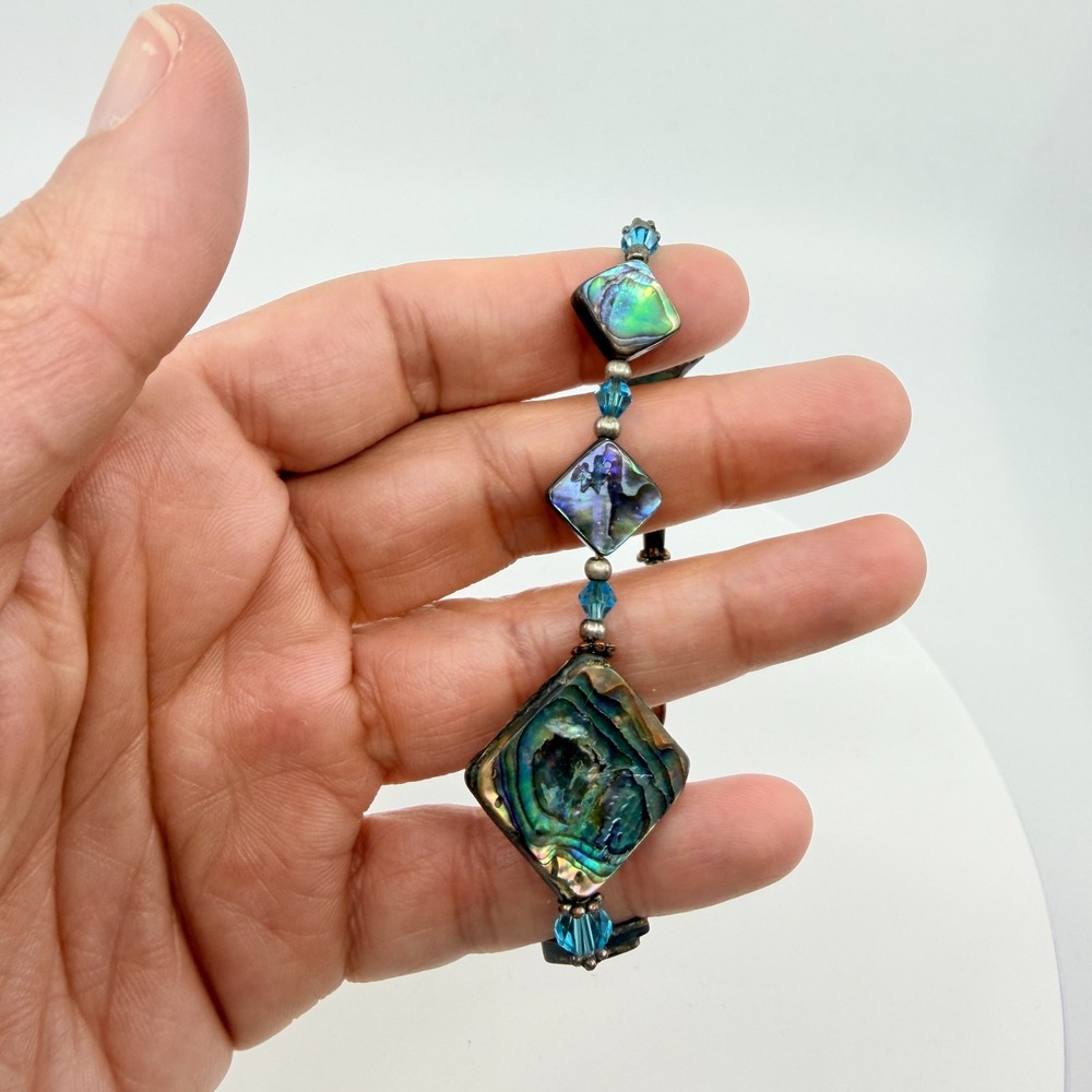 Vintage Natural Abalone Shell & Blue Crystal Bead Toggle Bracelet Retro Boho 90s